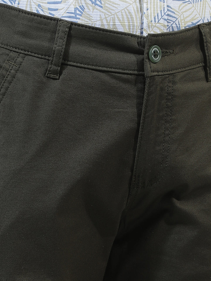 Olive Cotton Straight Stretchable Cargo Trousers