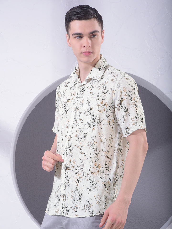 Brown Floral Print Linen Shirt