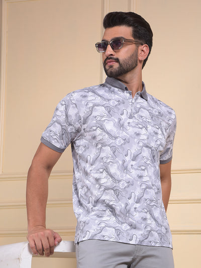 Grey Abstract Print Polo Neck T-Shirt