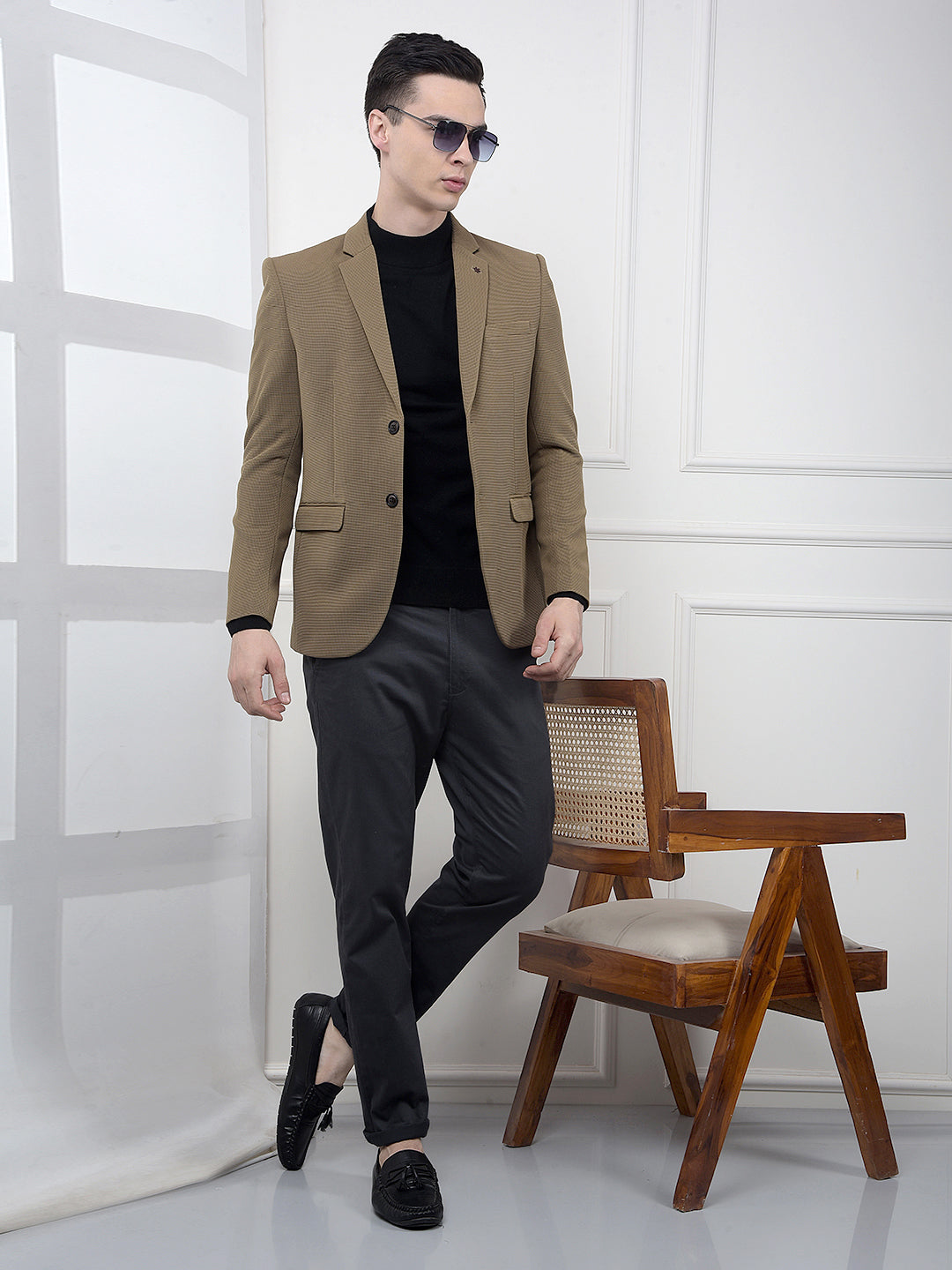 Brown Printed Notched Lapel Single Breasted Blazer