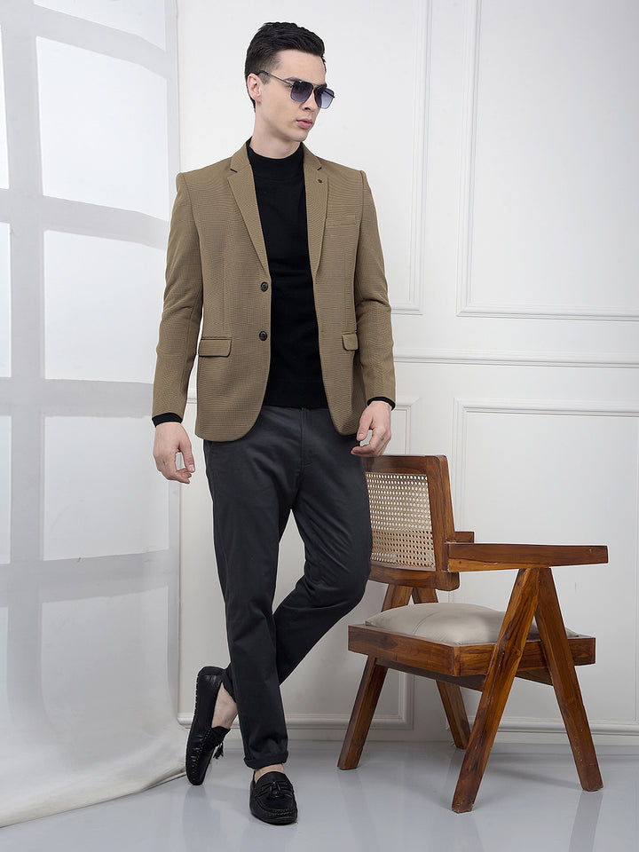 Brown Printed Notched Lapel Single Breasted Blazer