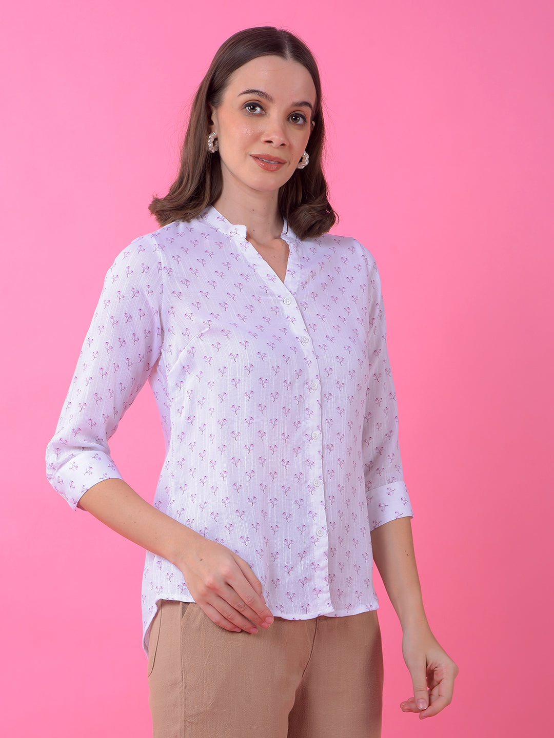 White Floral Print V-Neck Shirt