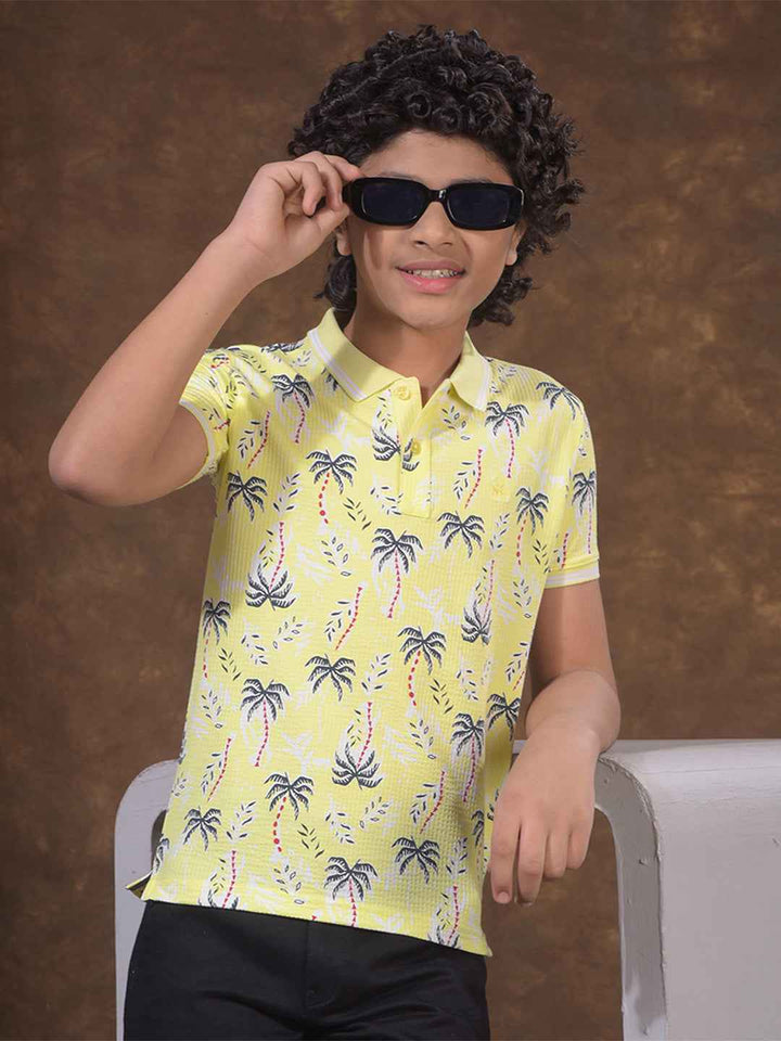 Yellow Floral Print Polo Neck T-Shirt