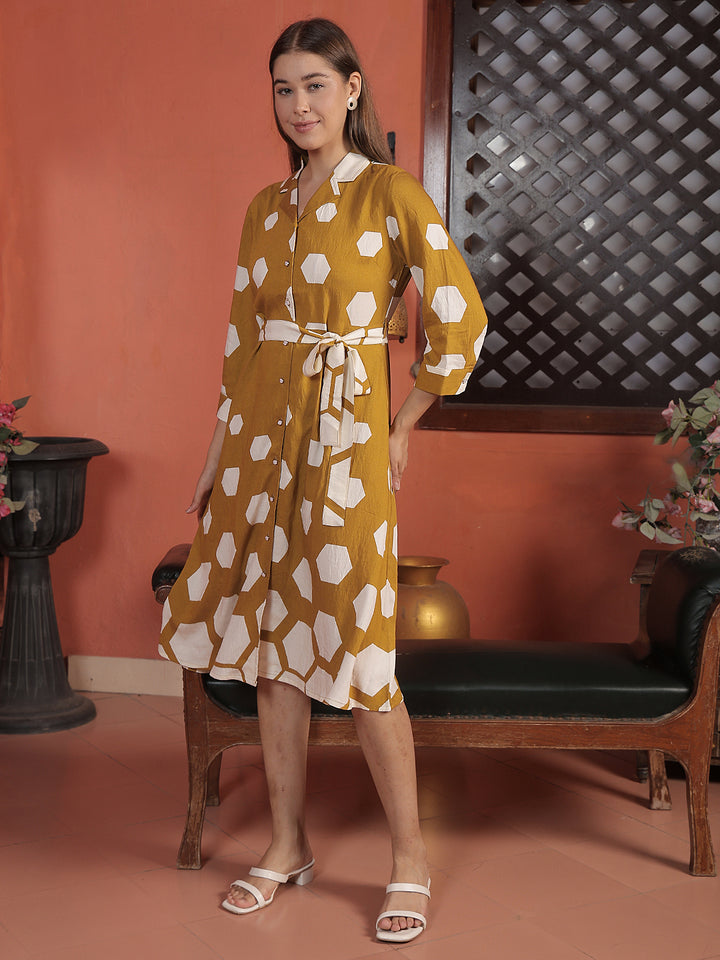 Mustard Geometric Print Midi Length Shirt Dress With Belt