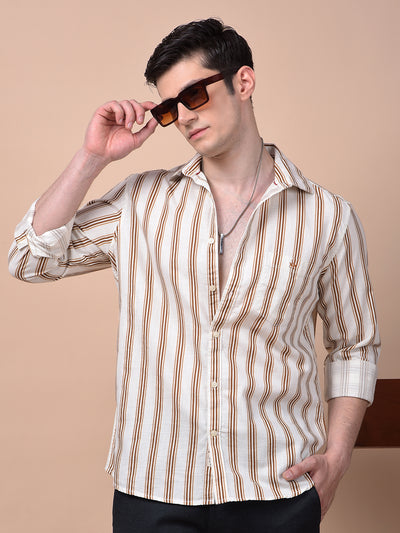 Brown Vertical Stripes 100% Cotton Shirt