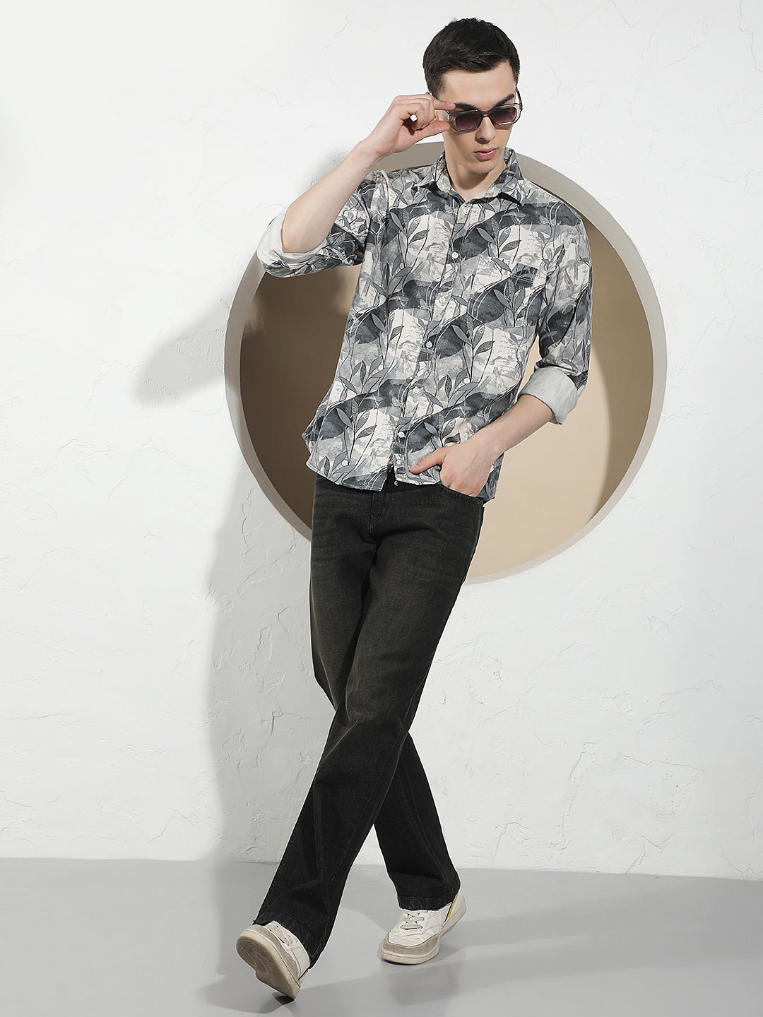 Grey Floral Print 100% Cotton Corduroy Shirt