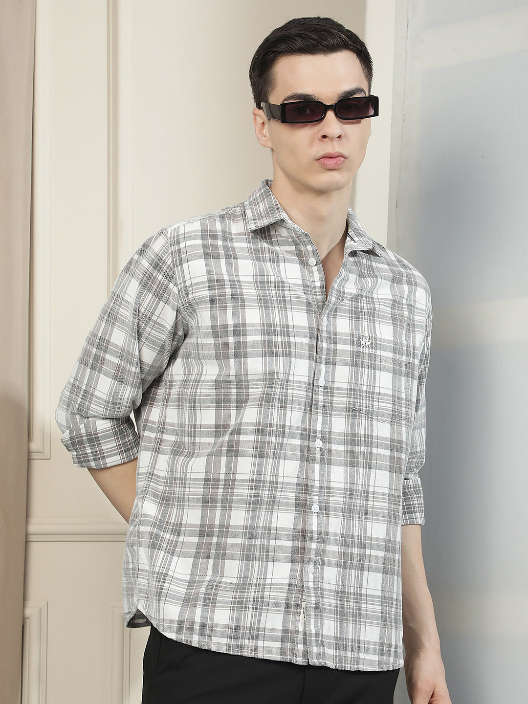 White Checked 100% Cotton Corduroy Shirt