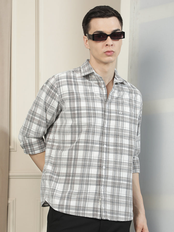 White Checked 100% Cotton Corduroy Shirt