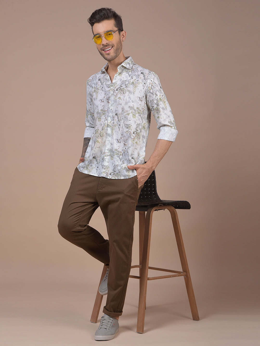 Green Abstract Print Linen Shirt