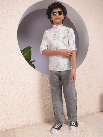 White Floral Print 100% Cotton Kurta