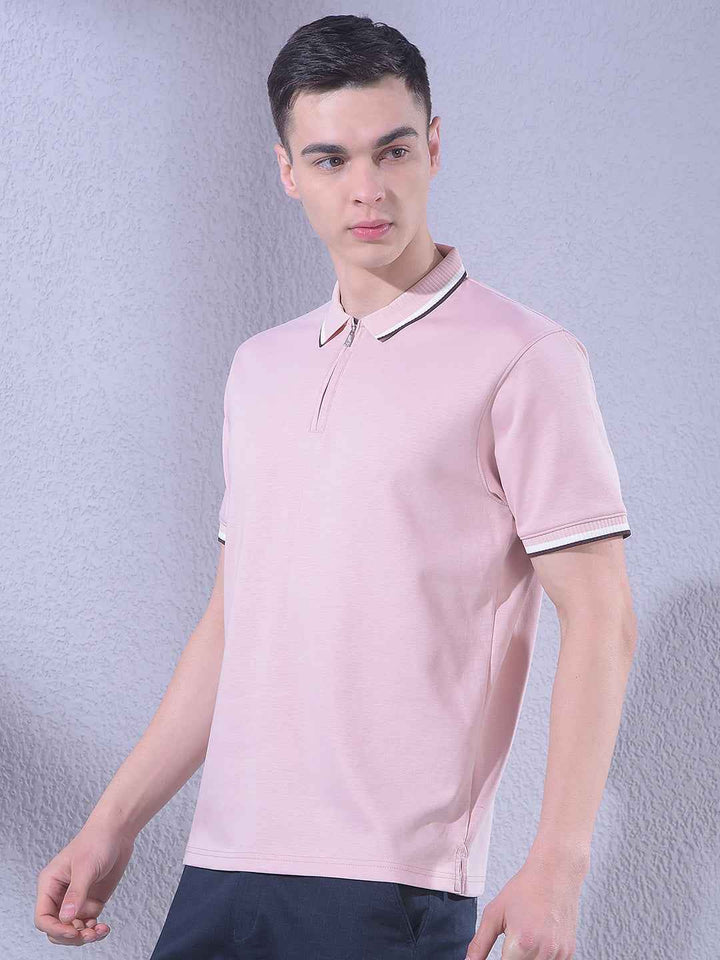Pink Polo Neck T-Shirt with Zip Closure