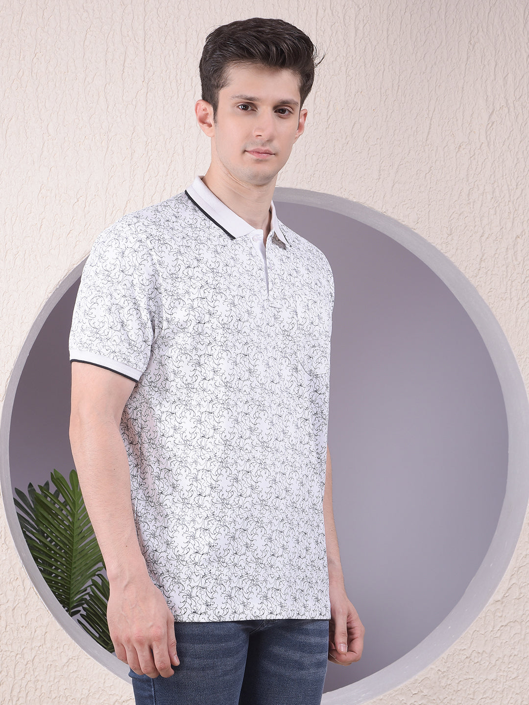 White Printed Polo-Neck T-Shirt