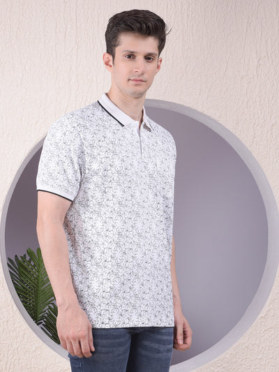 White Printed Polo-Neck T-Shirt
