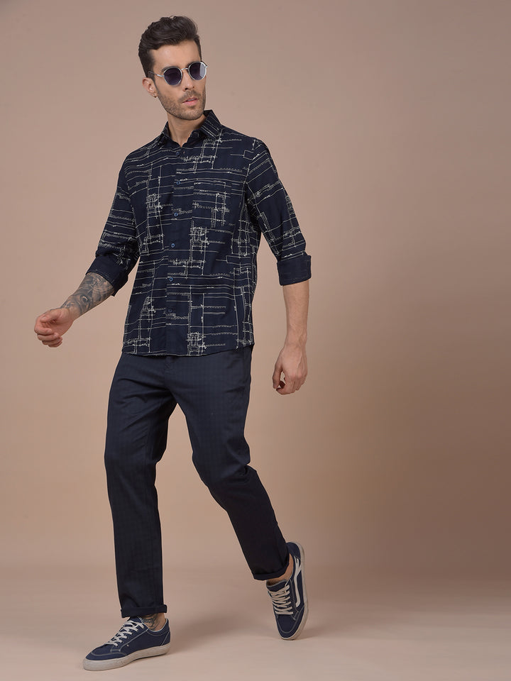 Navy Blue Printed 100% Cotton Shirt