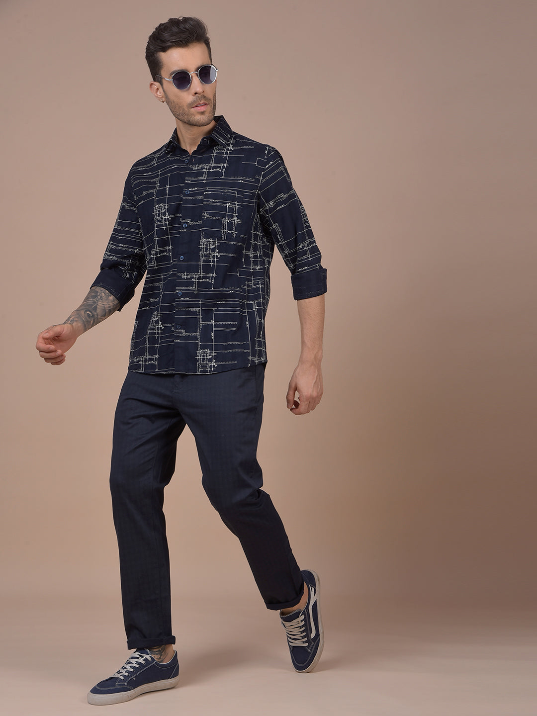 Navy Blue Printed 100% Cotton Shirt
