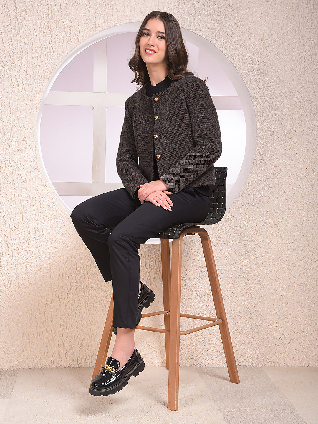 Brown Printed Single-Breasted Coat