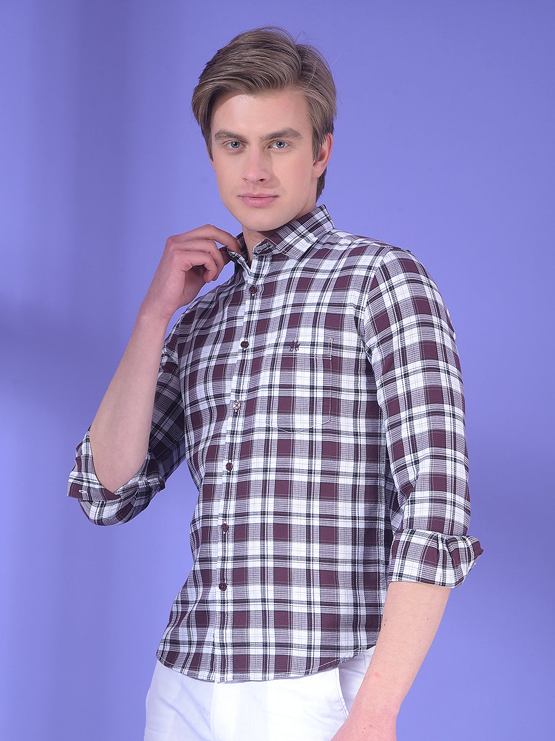 Wine Checked 100% Cotton Button-Down Collar Shirt