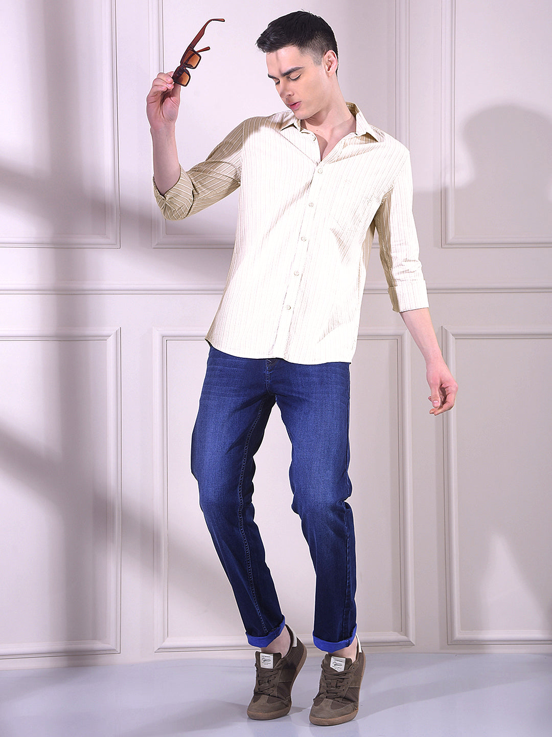 Beige 100% Cotton Vertical Stripes Shirt