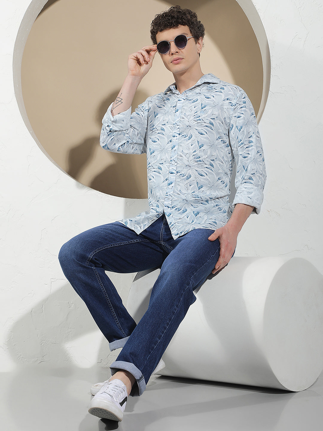 Blue Floral Print Linen Shirt