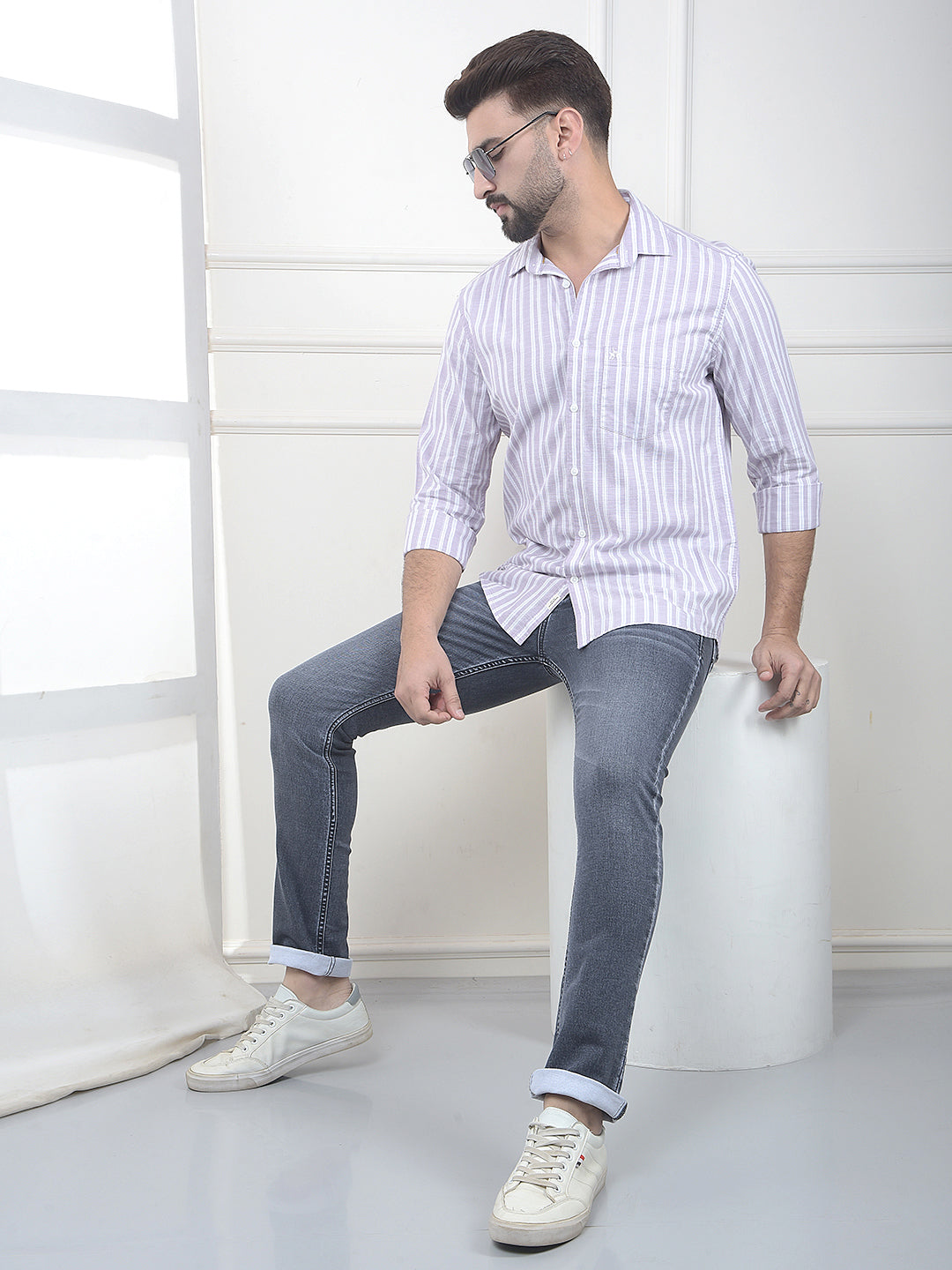 Purple Vertical Striped 100% Cotton Shirt