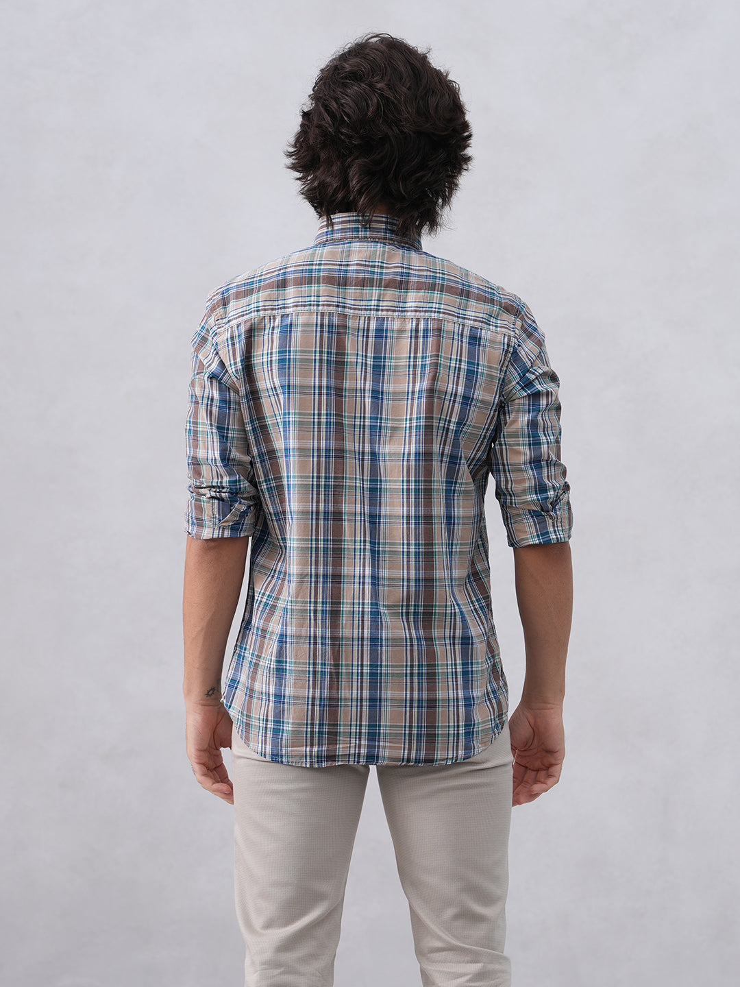 Brown Checked 100% Cotton Button-Down Collar Shirt