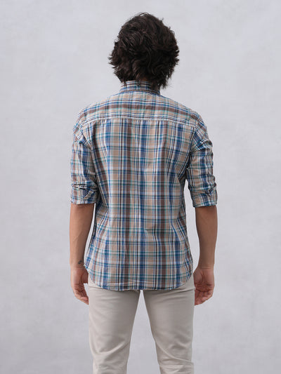Brown Checked 100% Cotton Button-Down Collar Shirt