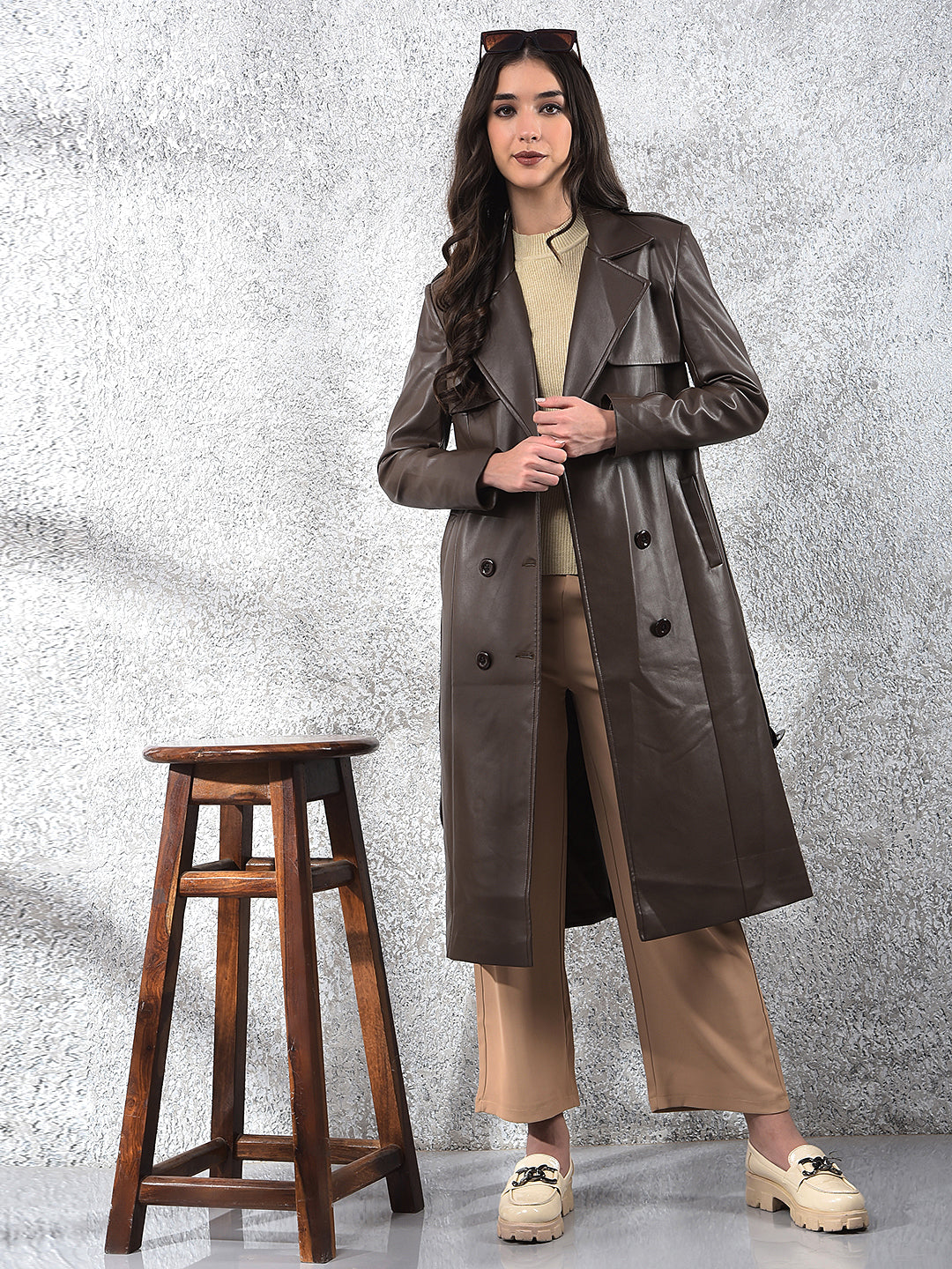 Brown Notched Lapel Leather Overcoat With Belt