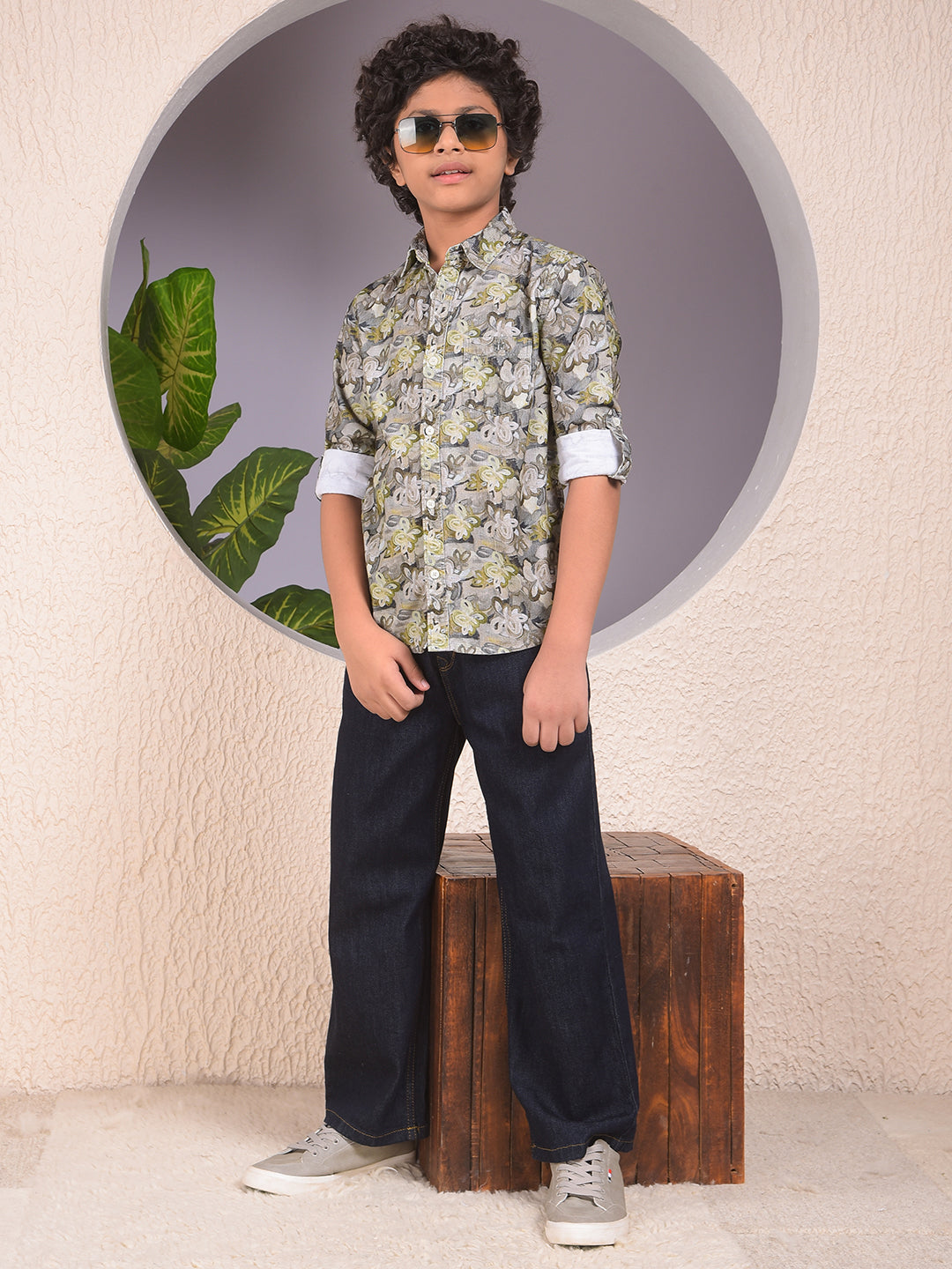 Green Floral Print 100% Cotton Corduory Shirt