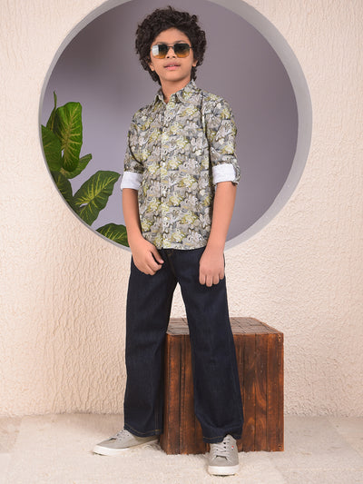 Green Floral Print 100% Cotton Corduory Shirt