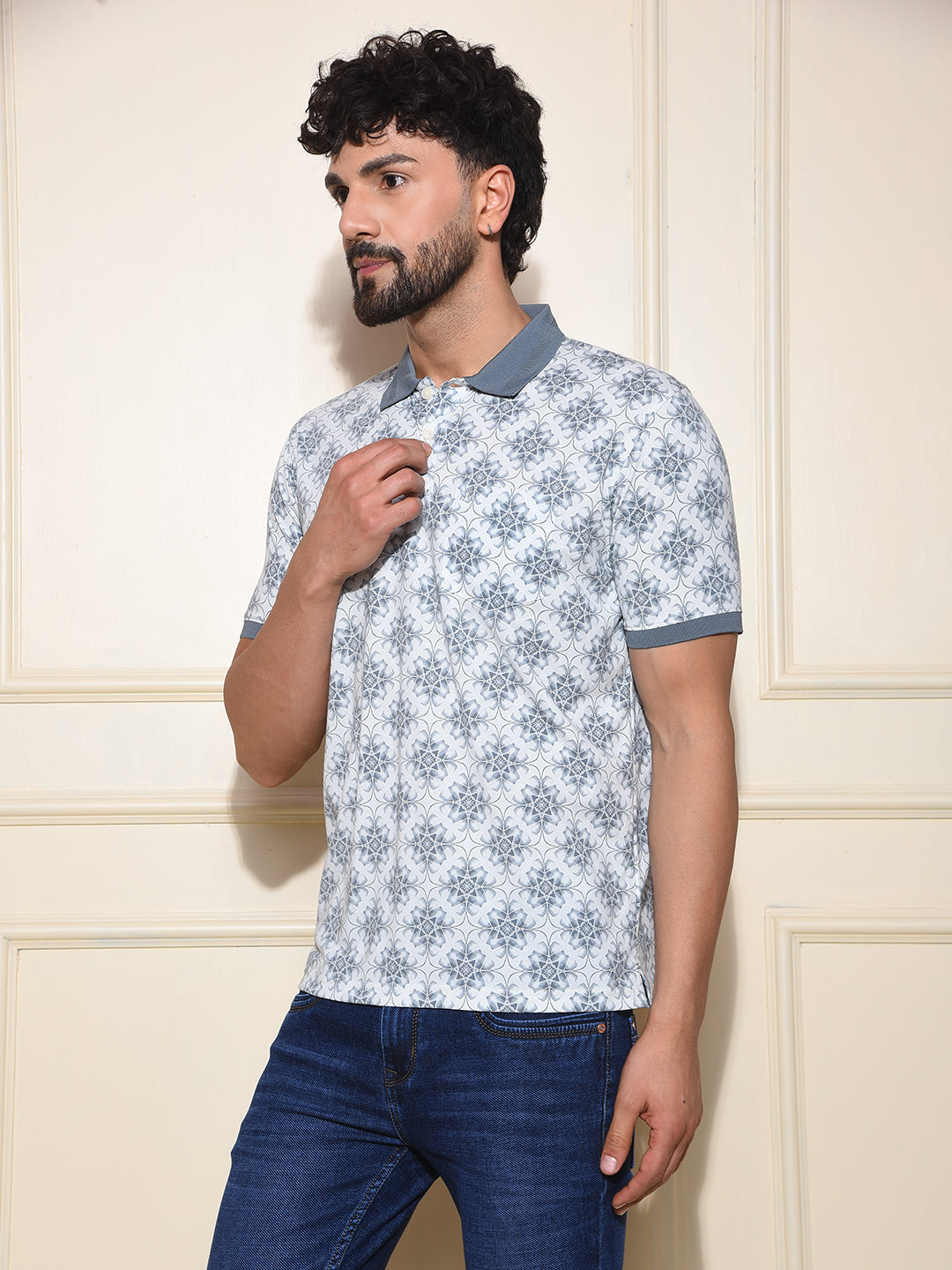 Blue Printed Polo-Neck T-Shirt
