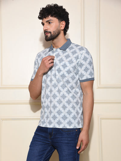 Blue Printed Polo-Neck T-Shirt
