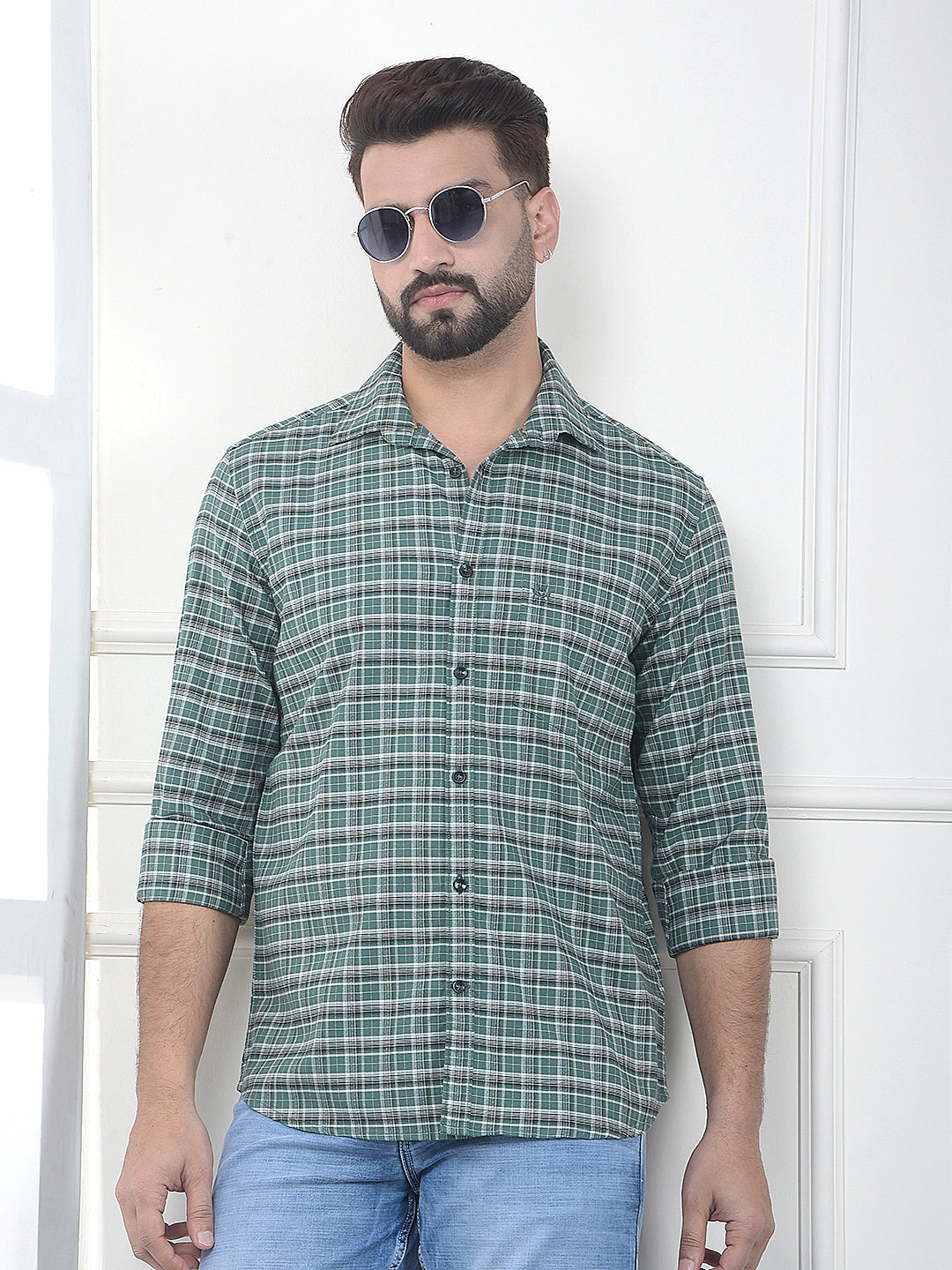 Quest Moss Green Checked 100% Cotton Shirt