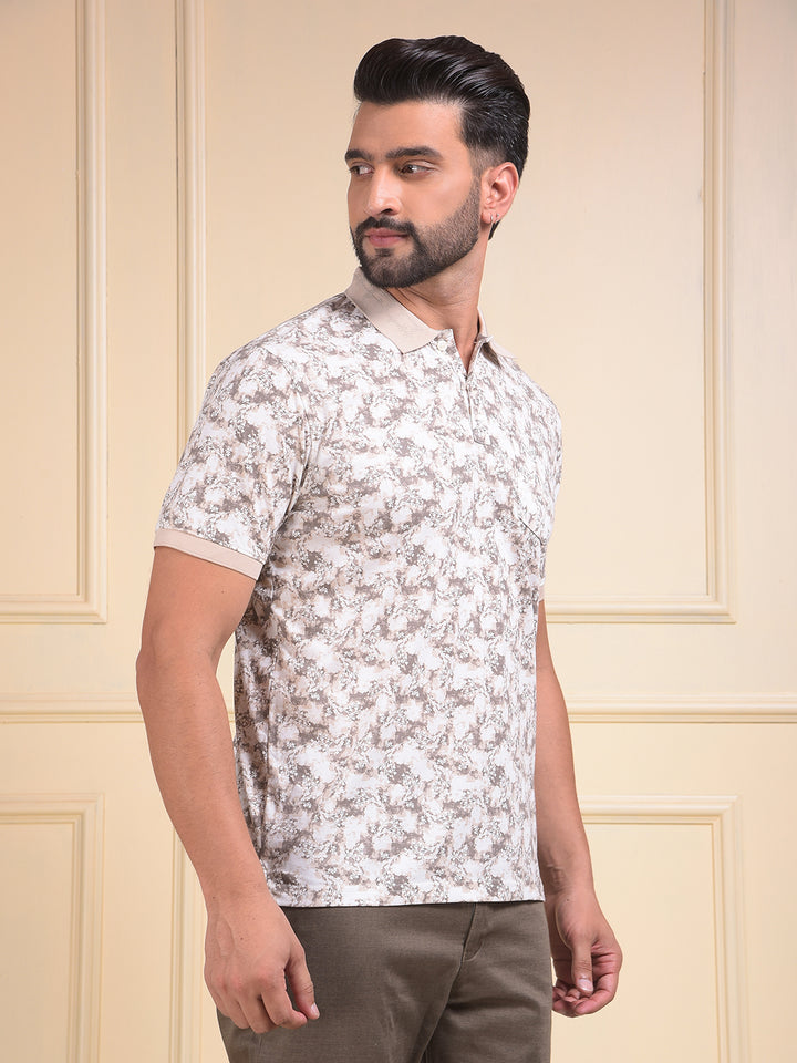 Brown Floral Print Polo Neck T-Shirt