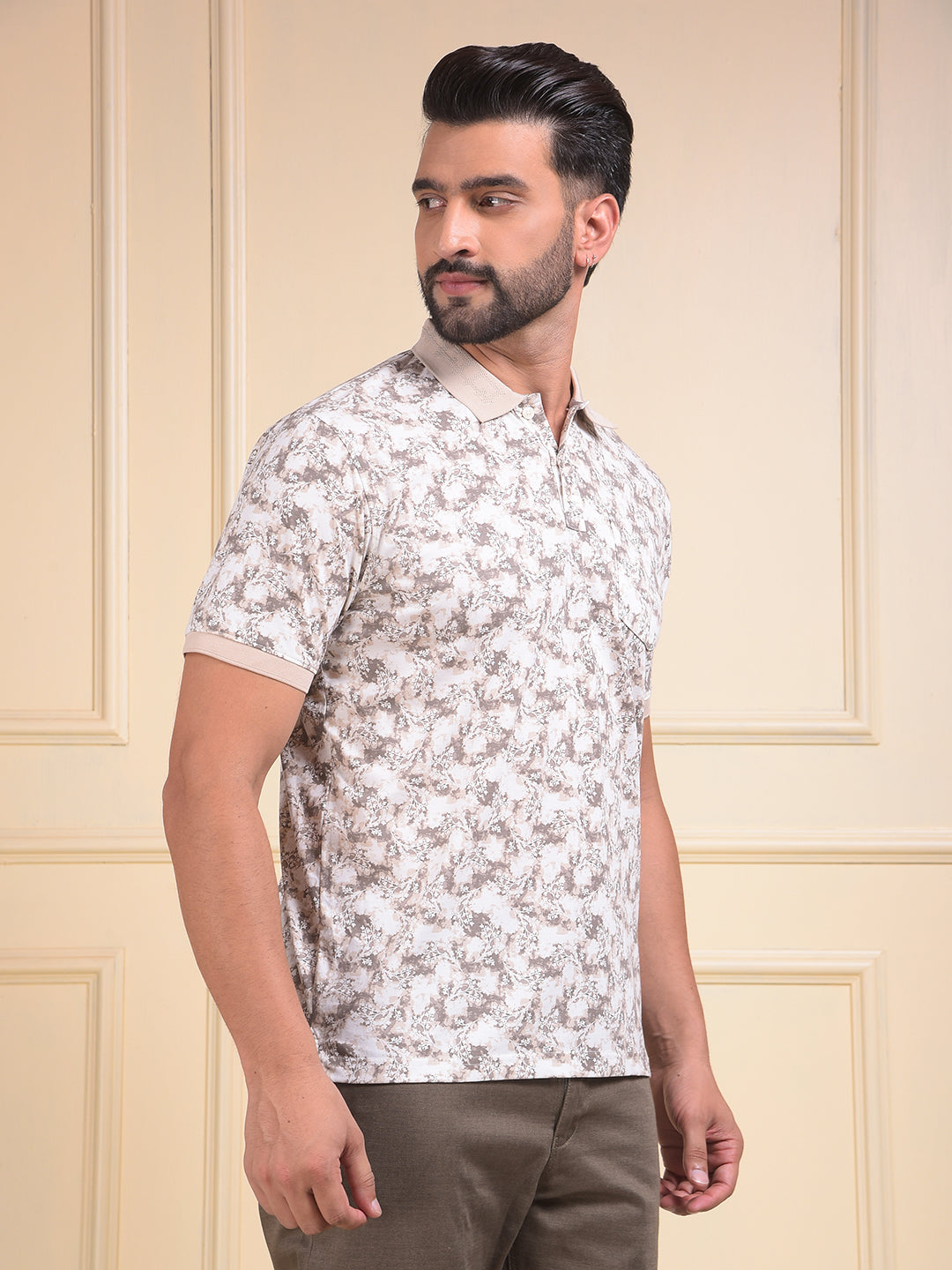 Brown Floral Print Polo Neck T-Shirt