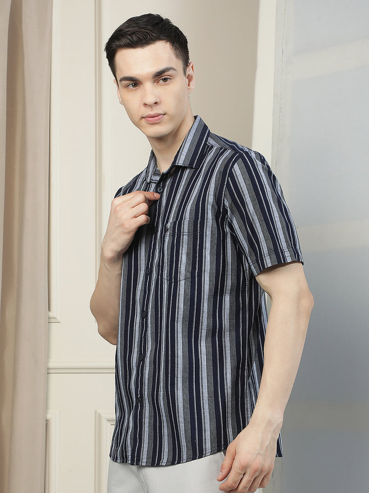 Navy Blue Vertical Stripes 100% Cotton Shirt