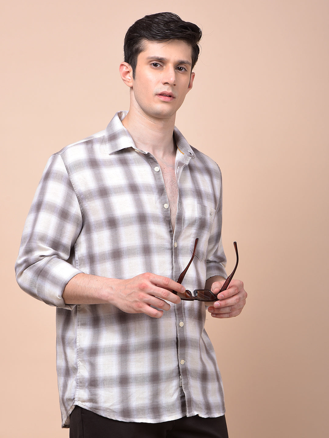 Brown Checked Linen Shirt