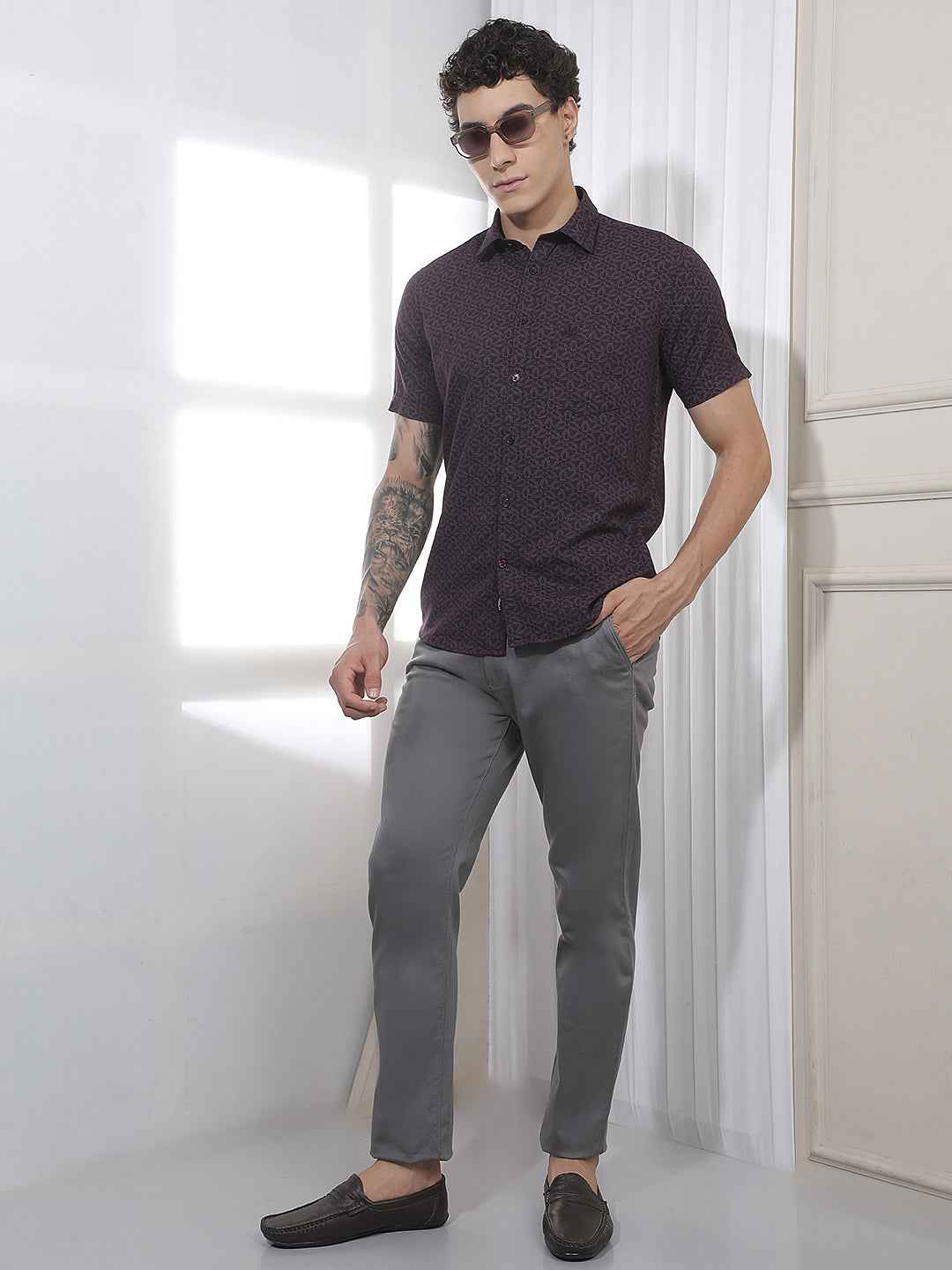 Wine Geometric Print Linen Shirt