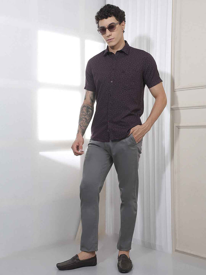 Wine Geometric Print Linen Shirt