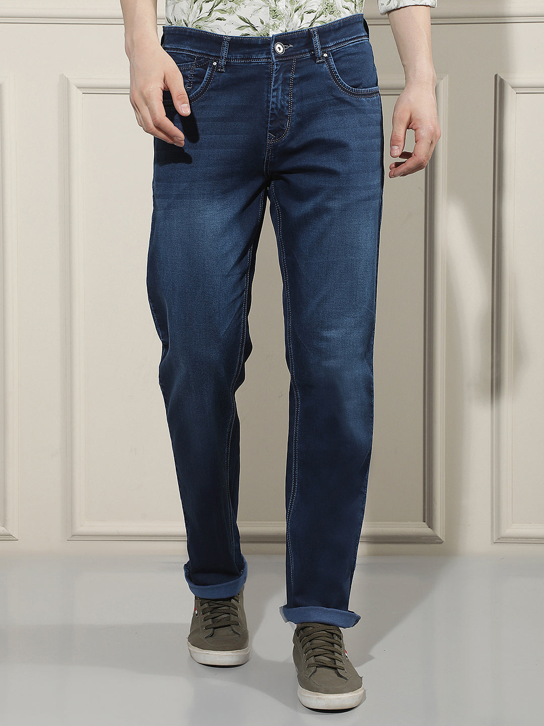 Navy Blue Cotton Straight Jeans