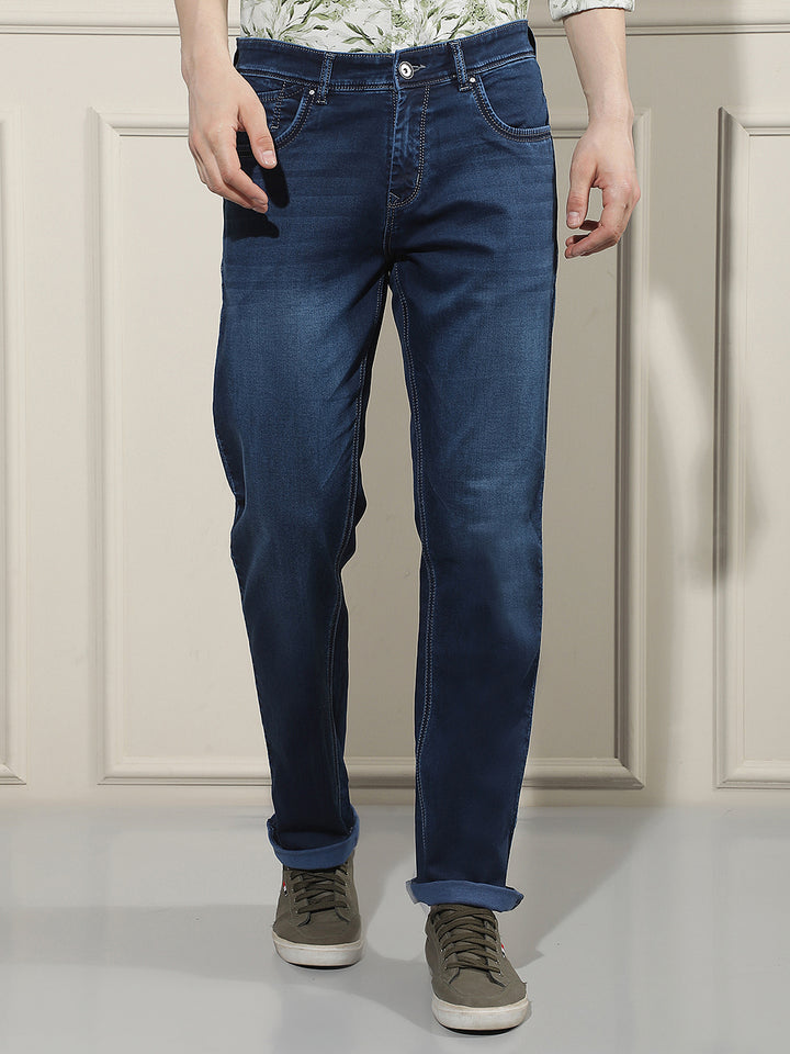 Navy Blue Cotton Straight Jeans