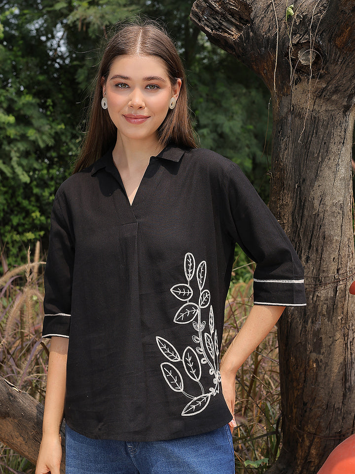Cotton Black Embroidered Longline Top