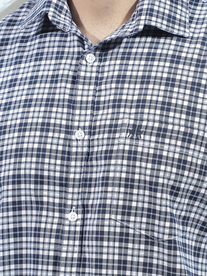 Navy Blue 100% Cotton Checked Shirt