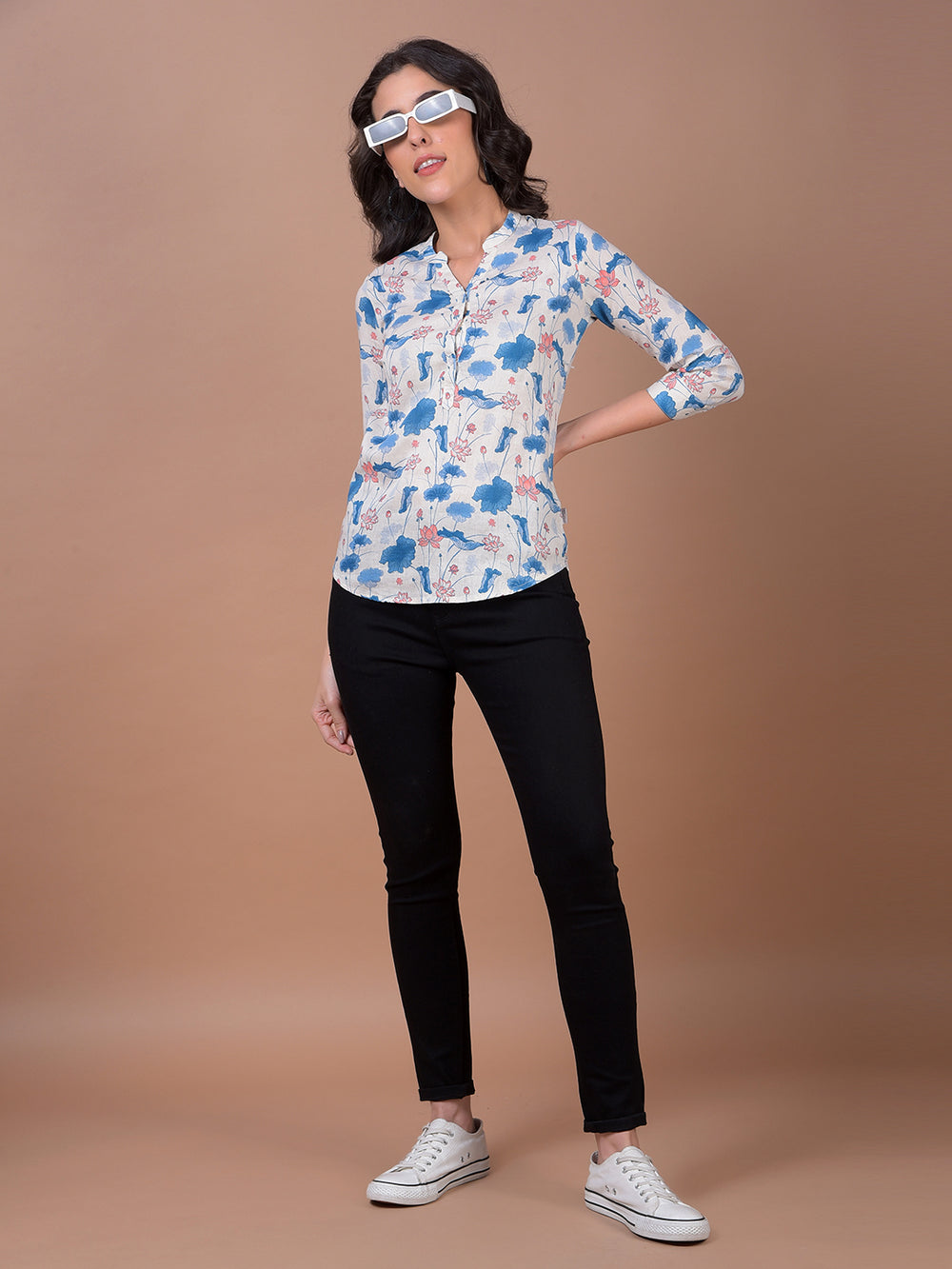 Blue Floral Print V-Neck Linen Top