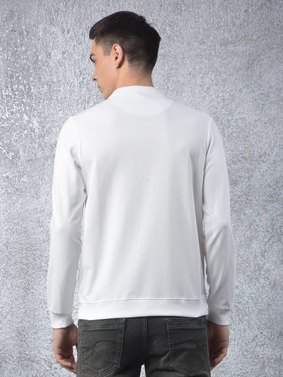 White Jacquard Polo Neck Knitted Sweatshirt