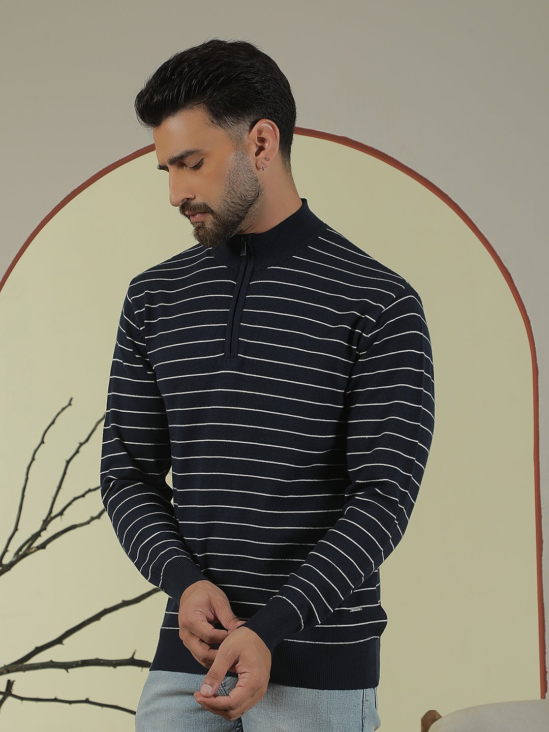 Navy Blue Horizontal Stripes Mock Neck Sweater