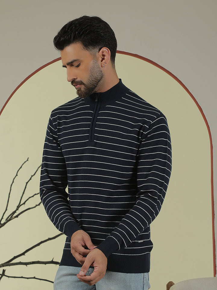 Navy Blue Horizontal Stripes Mock Neck Sweater