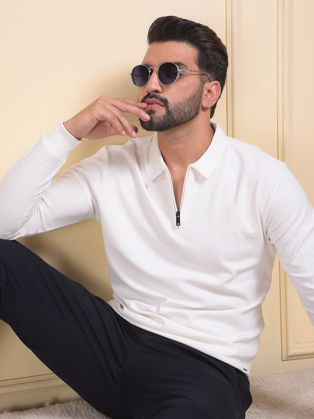 White Jacquard Polo Neck Knitted Sweatshirt