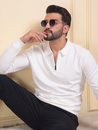 White Jacquard Polo Neck Knitted Sweatshirt