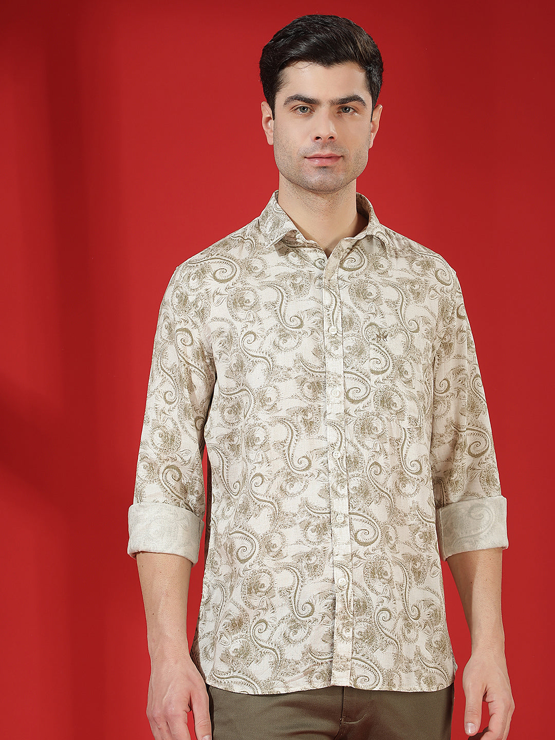 Olive Floral Print Linen Kurta