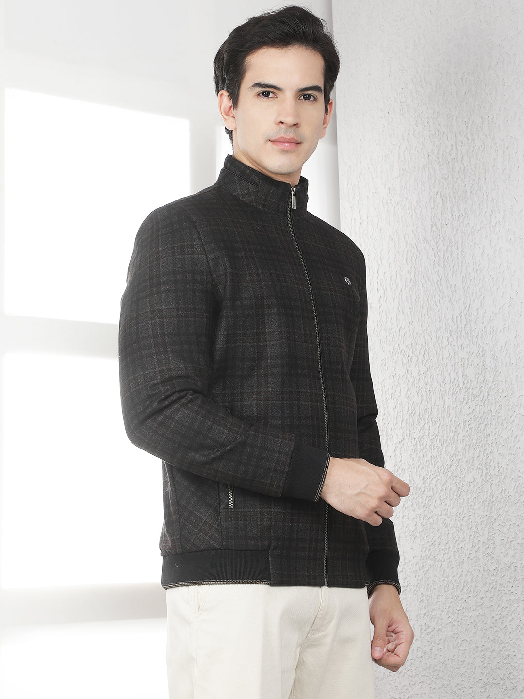 Brown Checked Bomber Jacket